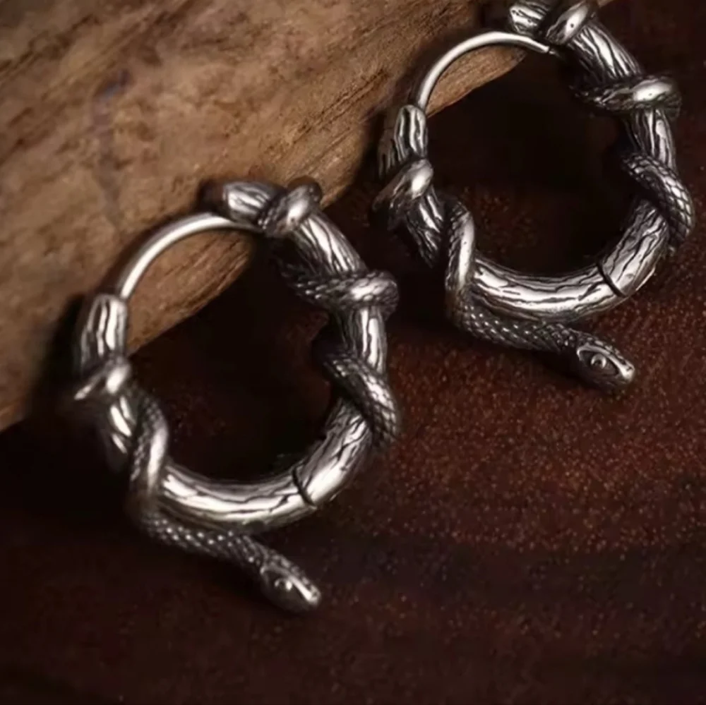 Vintage Halloween Gothic Silver Snake Hoop Earrings